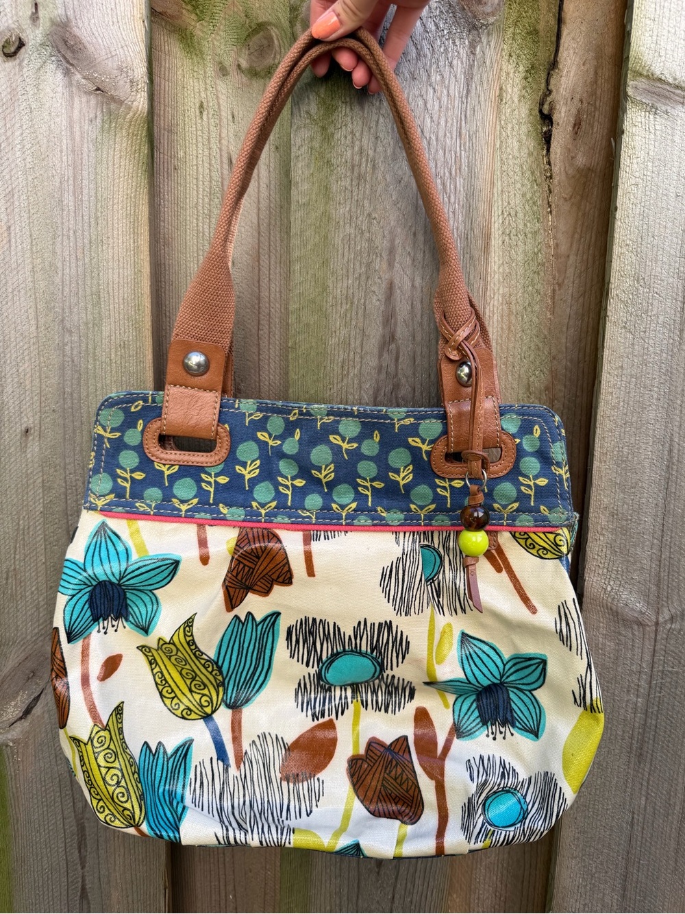 Vintage Fossil Key-Per Coated Canvas Floral Tote Bag Shoulder Purse Y2K